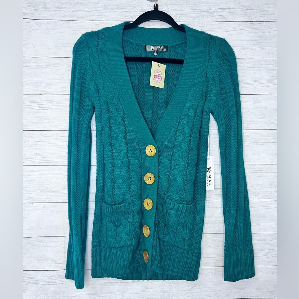 Structured Slim Fit Cable Knit V Neck 5 Button Cardigan Front Pockets Green 💗